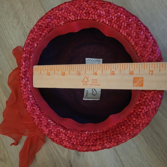 1950's Alfreda‎ Red Straw and Chiffon Peach Basket Hat - Picture 6 of 7